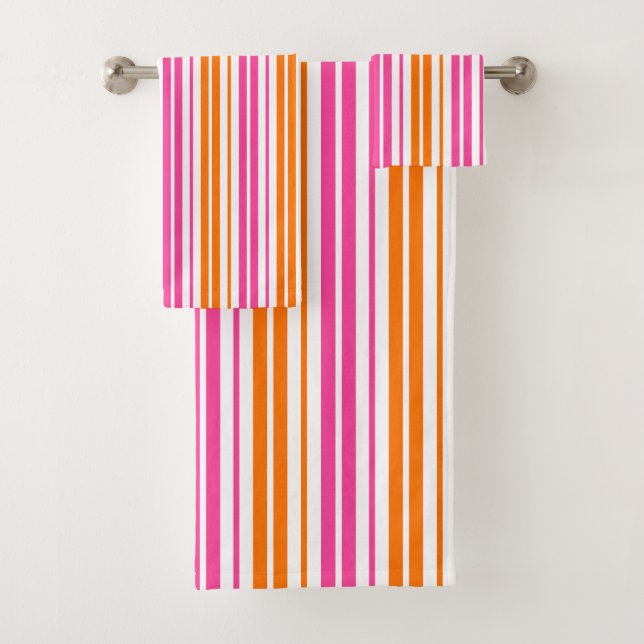 White Pink Orange Vertical Stripes Design   Bath Towel Set (Insitu)