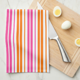 White Pink Orange Vertical Stripes Design Tea Towel