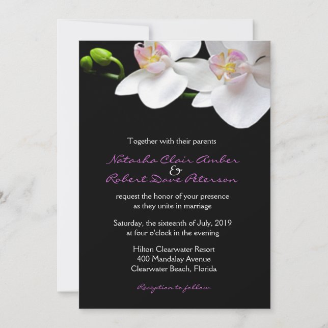 White Pink Orchids on Black Wedding/Any-Occasion Invitation (Front)