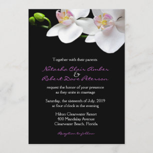 White Pink Orchids on Black Wedding/Any-Occasion Invitation