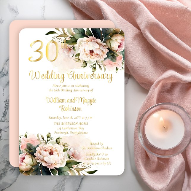 White |Pink Peonies 30th Wedding Anniversary Party (Elegant Blush Pink and White Peonies 30th Wedding Anniversary Gold Foil Rounded Rectangle Invitation)