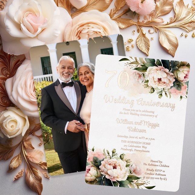 White |Pink Peonies 70th Wedding Anniversary Party (Elegant White and Pink Peonies 70th Wedding Anniversary Party Rose Gold Foil Invitation - Print Only)