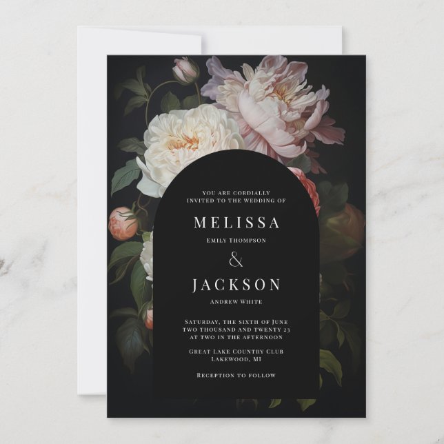 White Pink Peony and Rose Floral Wedding Arch Invitation (Front)