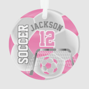 White & Pink Personalise Soccer ⚽ Ornament