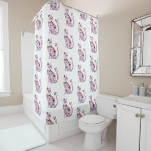 White Pink Purple Hearts Floral Cat Birthday Shower Curtain