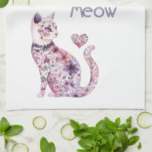 White Pink Purple Hearts Floral Cat Birthday Tea Towel