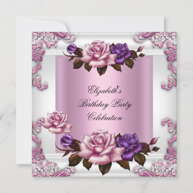 White Pink Purple Roses Elegant Birthday Party Invitation (Front)