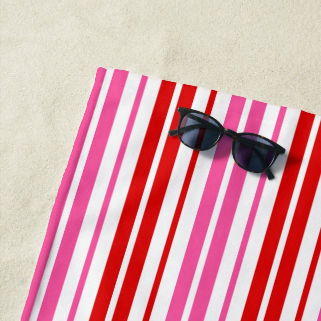 White Pink Red Vertical Stripes Design   Beach Towel (In Situ)