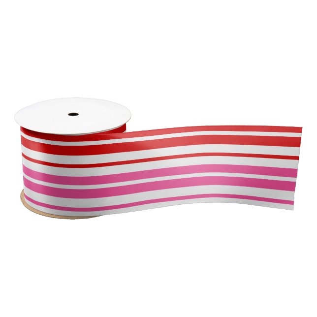 White Pink Red Vertical Stripes Design   Satin Ribbon (Spool)
