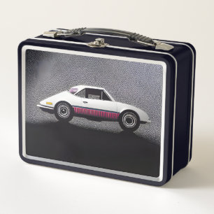 White & Pink Retro Car Metal Lunch Box