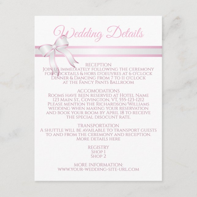 White & Pink Ribbon Wedding Details Enclosure (Front)
