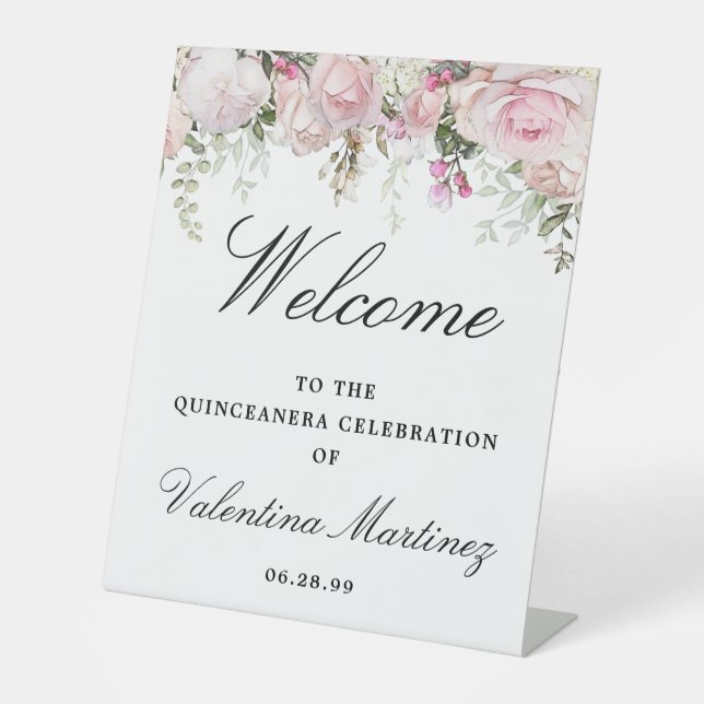 White Pink Rose Floral Quinceanera Welcome Pedestal Sign (Front)
