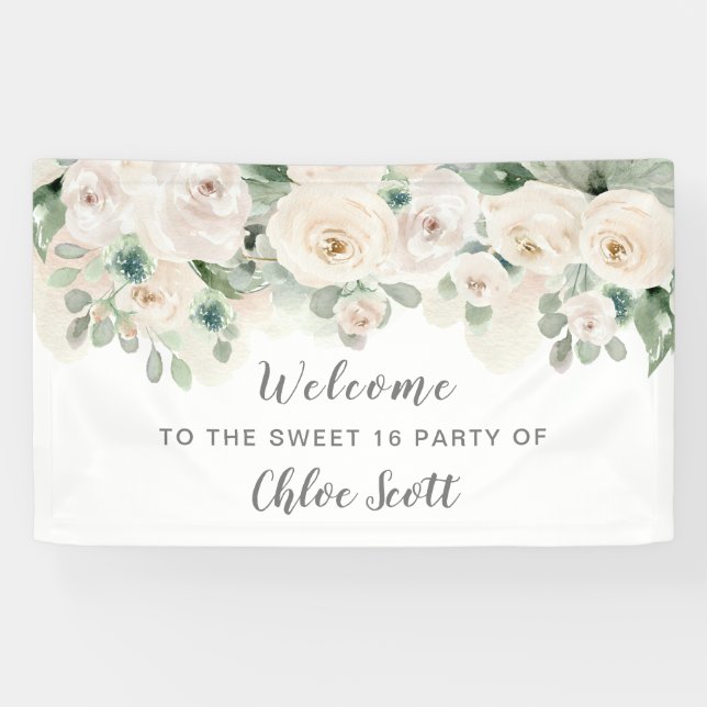 White Pink Rose Floral Sweet 16 Party Welcome Banner (Horizontal)