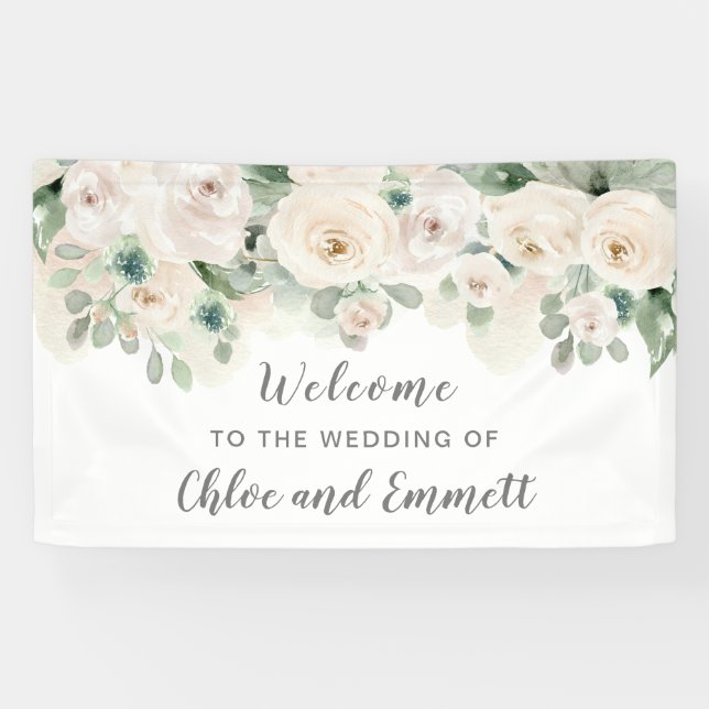 White Pink Rose Floral Wedding Welcome Banner (Horizontal)
