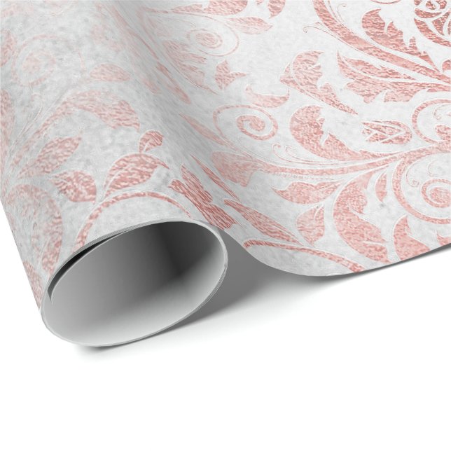 White Pink Rose Gold Floral Grungy Metallic Gray Wrapping Paper (Roll Corner)