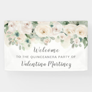 White Pink Rose Quinceanera Party Welcome Banner