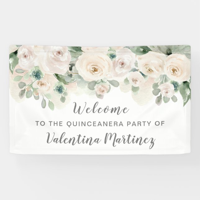 White Pink Rose Quinceanera Party Welcome Banner (Horizontal)