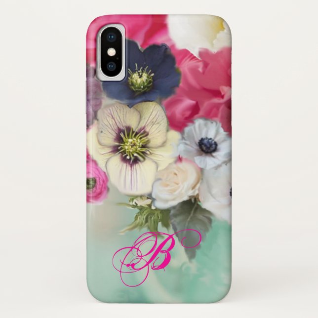 WHITE PINK ROSES AND ANEMONE FLOWERS MONOGRAM Case-Mate iPhone CASE (Back)