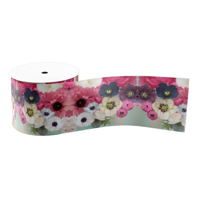 WHITE PINK ROSES AND ANEMONE FLOWERS MONOGRAM GROSGRAIN RIBBON (Spool)