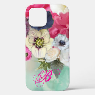 WHITE PINK ROSES AND ANEMONE FLOWERS MONOGRAM iPhone 12 CASE