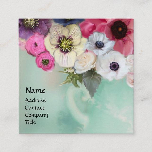 WHITE PINK ROSES AND ANEMONE FLOWERS SQUARE BUSINESS CARD (Front)
