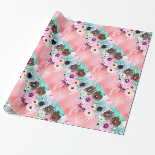 WHITE PINK ROSES AND ANEMONE FLOWERS WRAPPING PAPER (Unrolled)