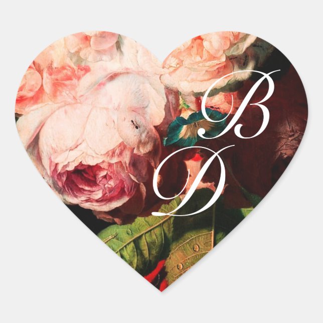 WHITE PINK ROSES AND MORNING GLORY MONOGRAM HEART STICKER (Front)