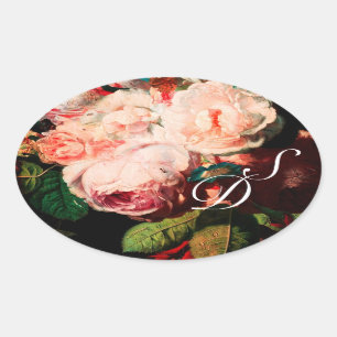 WHITE PINK ROSES AND MORNING GLORY MONOGRAM OVAL STICKER