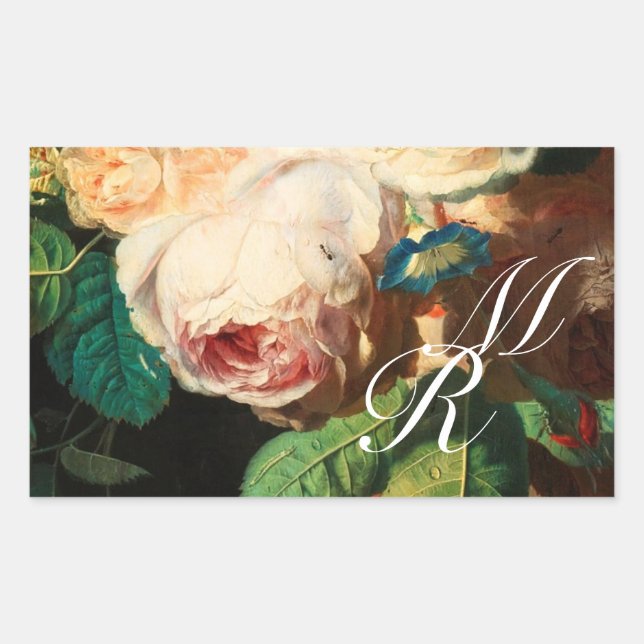 WHITE PINK ROSES AND MORNING GLORY MONOGRAM RECTANGULAR STICKER (Front)