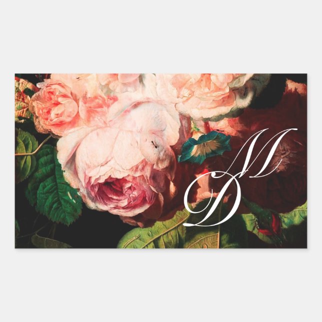 WHITE PINK ROSES AND MORNING GLORY MONOGRAM RECTANGULAR STICKER (Front)