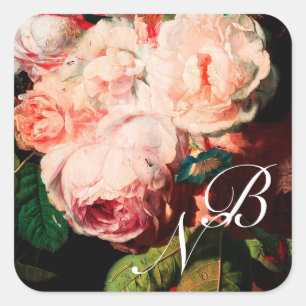 WHITE PINK ROSES AND MORNING GLORY MONOGRAM SQUARE STICKER