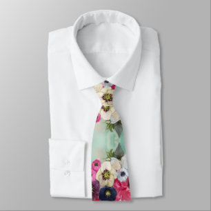 WHITE PINK ROSES ,ANEMONE FLOWERS,AQUA BLUE FLORAK TIE