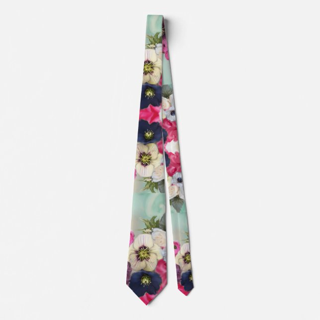 WHITE PINK ROSES ,ANEMONE FLOWERS,AQUA BLUE FLORAL TIE (Front)