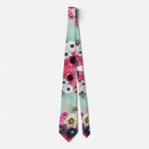 WHITE PINK ROSES ,ANEMONE FLOWERS TEAL AQUA BLUE TIE