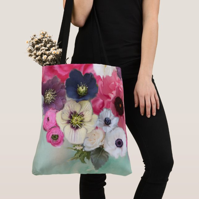 WHITE PINK ROSES ,ANEMONE FLOWERS ,TEAL AQUA BLUE TOTE BAG (Close Up)