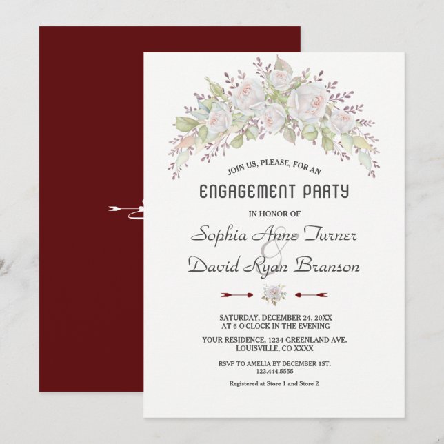 White Pink Roses Burgundy Engagement Party Invitation (Front/Back)