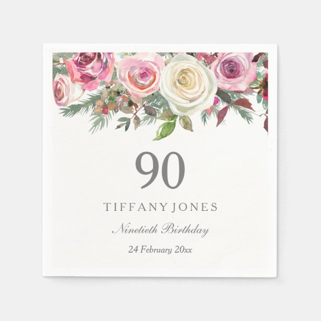 White & Pink Roses Elegant Custom 90th Birthday Napkin (Front)