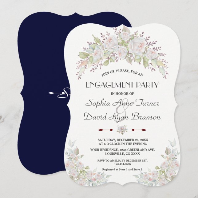 White Pink Roses Navy Blue Engagement Party Invitation (Front/Back)