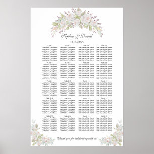 White Pink Roses Wedding Seating Chart 160 guests