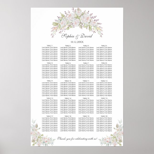 White Pink Roses Wedding Seating Chart 160 guests (Front)