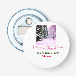 White pink snow merry Christmas add family name da Bottle Opener