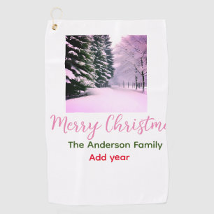 White pink snow merry Christmas add family name da Golf Towel