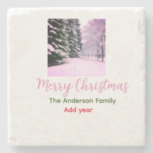 White pink snow merry Christmas add family name da Stone Coaster