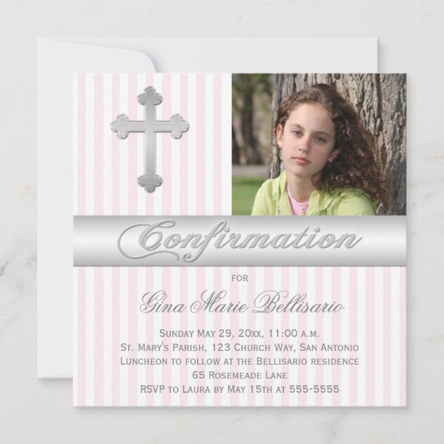 White, Pink Stripes Confirmation Photo Invitation (Front)
