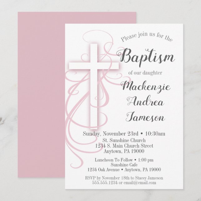 White Pink Swirl Cross Baptism Invitation Girl's (Front/Back)