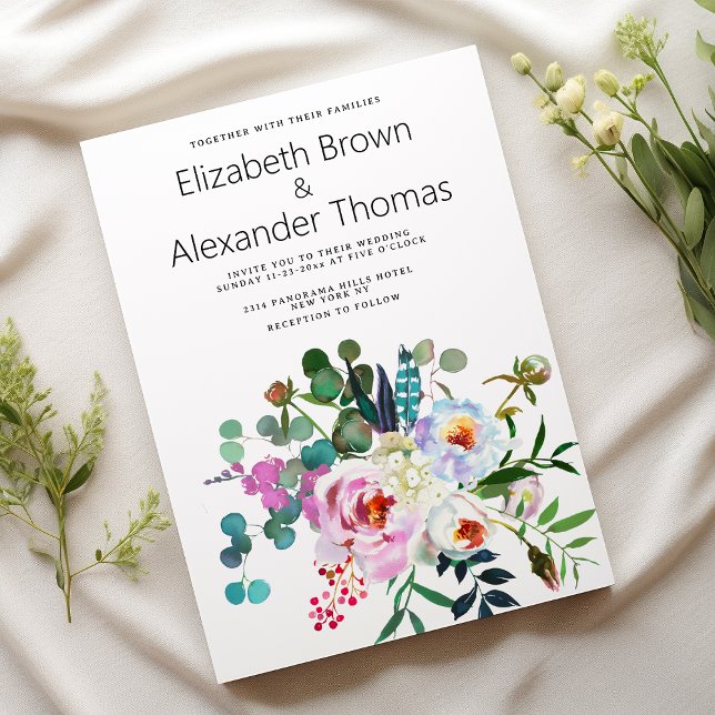 White pink teal green peony floral boho wedding invitation (White pink teal green peony floral boho wedding)