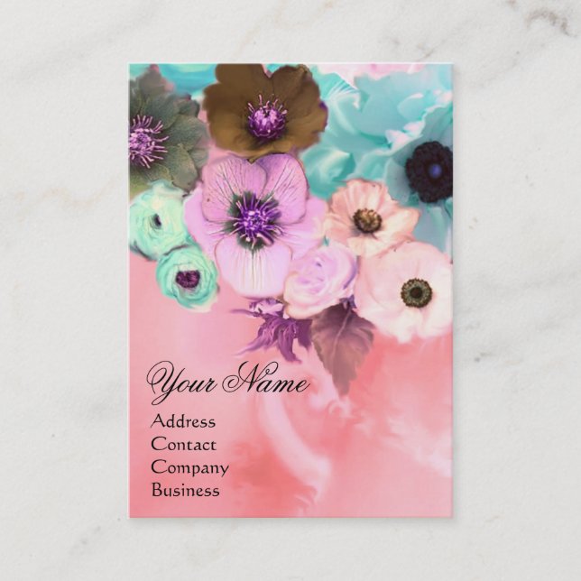WHITE PINK TEAL ROSES AND ANEMONE FLOWERS MONOGRAM BUSINESS CARD (Front)