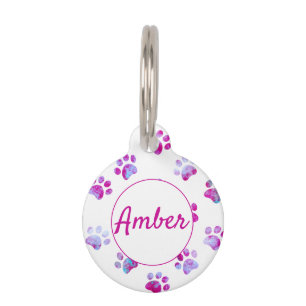 White Pink Textured Paw Print Personalised Pet Tag
