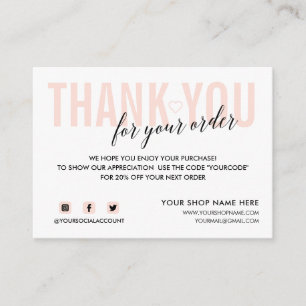 WHITE PINK THANK YOU FOR YOUR ORDER SOCIAL ENCLOSURE CARD