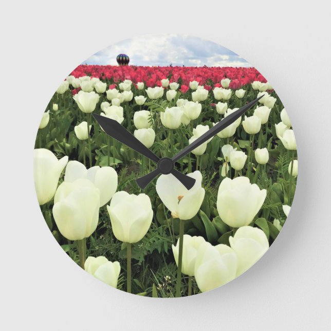 White & Pink Tulip Field, Oregon Round Clock (Front)